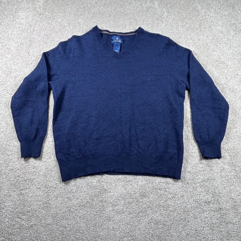 Stafford Mens Navy Blue 100%‎ Wool V-Neck Sweater Size Large 1423